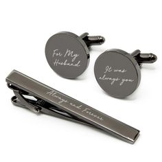 PRICES MAY VARY. This listing is for a pair of engraved gunmetal tie clip & cufflinks packaged inside a black gift box. Cufflink measures 20mm & length of tie clip is 55mm. Both are made of high-grade stainless steel in gunmetal color. Undoubtedly a memorable keepsake and indeed a gift that can still be used even after the wedding. These can be worn on a formal shirt, business attire, or any shirt to level up his entire look. ♥ Crafted with love by MUUJEE ♥ from Sunnyvale, California - Produced Sunnyvale California, Future Spouse, Gift For Groom, Engraved Cufflinks, Wedding Tie, Shirt Business, Formal Shirt, Classy Wedding, Bride Gift