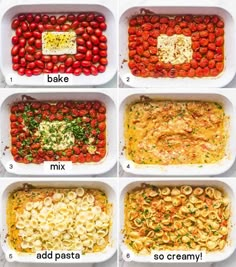 six images showing different types of pasta in white dishes with tomatoes and other toppings