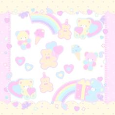 a pink and white background with teddy bears, hearts, and rainbows on it