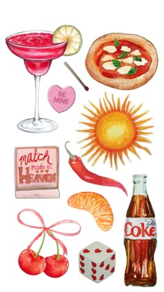 watercolor painting of various food and drink items