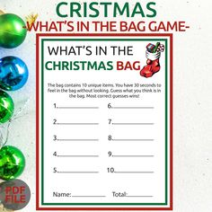 a christmas bag game with ornaments around it and the words what's in the bag?