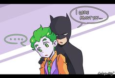 two cartoon characters one with green hair and the other wearing a batman mask, are facing each other