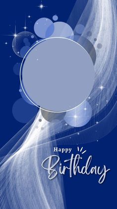 a blue birthday card with white swirls and bubbles in the background, says happy birthday