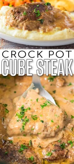 crock pot cube steak with gravy and mashed potatoes on the side