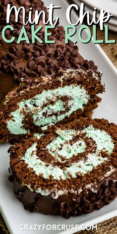 chocolate mint chip cake roll on a white plate