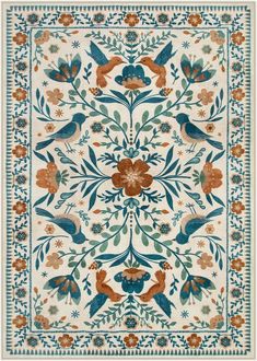 an intricately designed rug with birds and flowers in blue, brown, orange and white colors