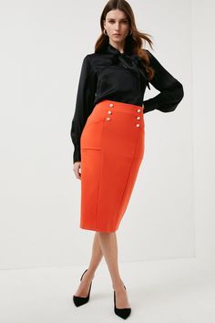 Take Your Look To Great Lengths With This Midi Skirt.. Forever Flattering Thanks To Its High Waist And Pencil Silhouette, The Glossy Button Detailing Makes It A Luxurious Choice. Elegant Formal Skirt With Button Closure, Workwear Bottoms With Button Closure And Midi Length, Chic Buttoned Skirt For Workwear, Chic Workwear Skirt With Button Closure, Chic Formal Skirt With Button Closure, Chic Formal Skirt With Buttons, Elegant Skirt With Buttons, Chic Workwear Pencil Skirt With Buttons, Chic Workwear Skirt With Buttons