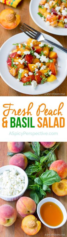 fresh peach and basil salad with feta cheese is an easy, healthy side dish