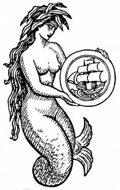 a black and white drawing of a mermaid holding a ship on it's back