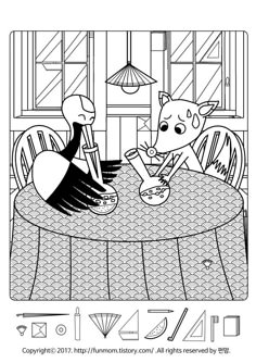 a cartoon dog sitting at a table with another dog