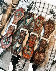 tooled leather. All leather smart watchband that will fit most smart watches Apple Watch Bands Mens, Iphone Watch Bands, Jewlery Earrings, Squash Blossoms, Stanley Cups, Leather Apple Watch Band, Trailer Life, Flower Watch, Leather Making