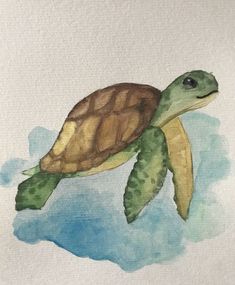 a watercolor painting of a turtle swimming in the ocean with blue sky and clouds behind it