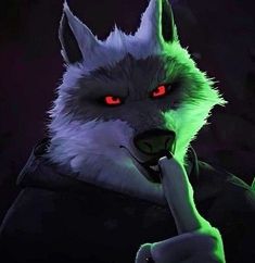 an evil wolf with red eyes and green fur on his head, holding a finger to his mouth