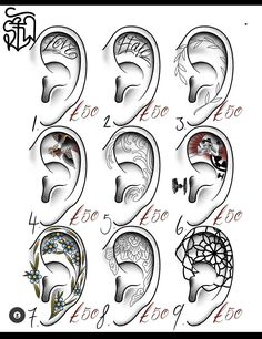 the different types of ear piercings are shown in black and white, with red accents