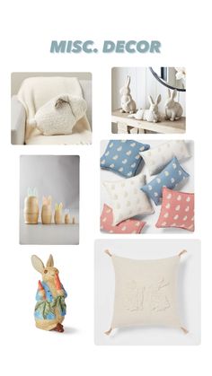 a collage of pillows, figurines and other items