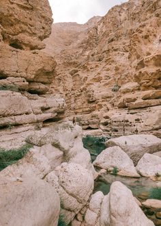 a person standing on some rocks in the middle of a canyon with water running through it