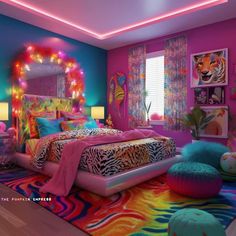 a bedroom decorated in bright colors with zebra print