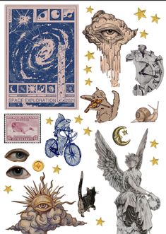 an assortment of stickers with different types of animals and symbols on them, including the eye