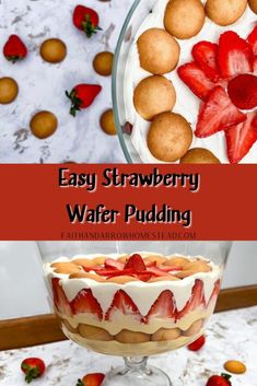 easy strawberry wafer pudding in a trifle dish with strawberries on the side