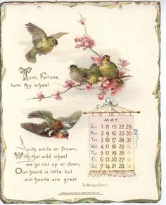 an old fashioned calendar with birds and flowers