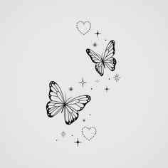 two butterflies flying in the sky with hearts and stars around them on a white background