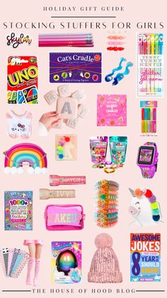 the holiday gift guide for girls is on display in front of a pink background with colorful items