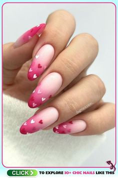 Stiletto gel nails with a glossy pink gradient and tiny matte hearts, ideal for Valentine's Day or romantic occasions, presenting aesthetic pink nails in a playful design. Pedicure Ideas Pink, Manicure Pedicure Ideas, Polygel Manicure, Simple Toe Nails, Summer Nails 2024, Pink Summer Nails, Pedicure Manicure, Ombre Nail Designs