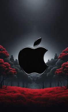 an apple logo in the middle of a dark forest with red flowers and trees around it