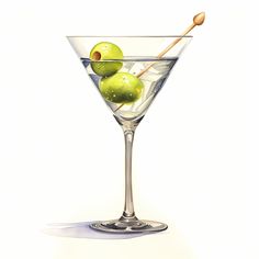 an illustration of a martini glass with olives in it