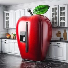 an apple shaped refrigerator in the middle of a kitchen