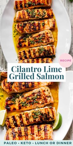 grilled salmon with cilantro lime sauce on a white plate