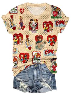 Retro Patchwork T-shirt For Spring, Cute Spring Tops With All Over Print, Fun All Over Print Tops For Spring, Vintage Multicolor Tops With Cartoon Print, Vintage Multicolor Top With Cartoon Print, Fun Spring Tops With All Over Print, Vintage All-over Print Top For Spring, Vintage Summer Tops With All Over Print, Retro Crew Neck Patchwork Top