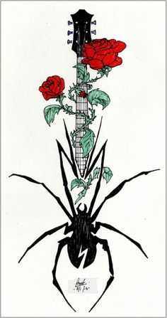 a drawing of a guitar with roses on it