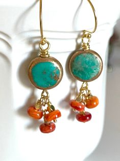 Turquoise Earrings, Genuine Turquoise Gemstones, Spiny Oyster Shell Turquoise, 24K Gold Vermeil - Etsy Moon Face Earrings, Copper Leaf, Aquamarine Earrings, Yellow Earrings, Spiny Oyster, Gold Copper, Kingman Turquoise, Halloween Earrings, French Wire