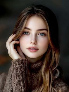 a beautiful young woman with blue eyes and brown sweater posing for a photo in front of a dark background