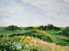 an oil painting of green hills and flowers