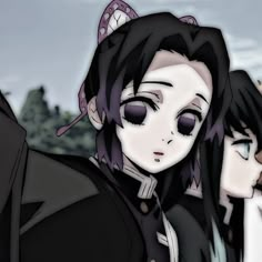 two anime characters one with black hair and the other with purple eyes, standing next to each other