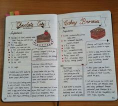 an open recipe book with pictures of cakes