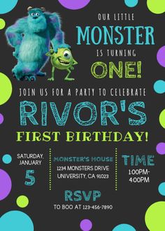 a birthday party with monsters and polka dots on black paper, including the words monster is turning