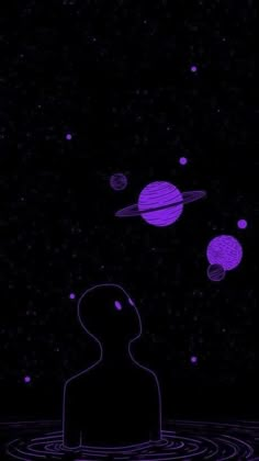 an image of a person floating in the water with planets around him and stars above them