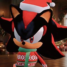 an image of a christmas scene with sonic the hedge character in front of a tree