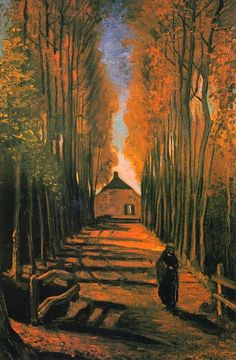 an oil painting of a person walking down a path in the woods with trees on either side