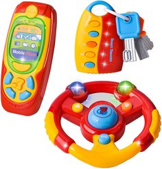 a toy steering wheel and remote control set