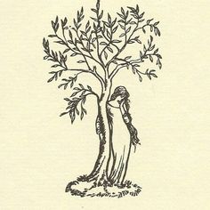 a drawing of a woman standing next to a tree with leaves on it and the words,