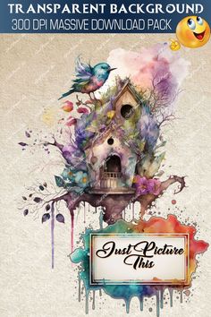 an advertisement for a house with watercolor paint splatters and birds on it