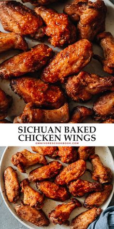 chicken wings on a plate with the words sicilian baked chicken wings above it and below