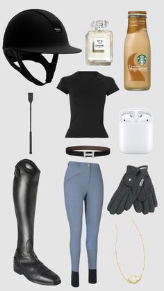 the contents of a woman's equestrian outfit