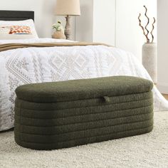 This practical ottoman is a versatile and functional piece of furniture that serves multiple purposes in a home. The size and weight of this Ottoman make it easy to move and rearrange to suit your needs. Its practical design and space-saving features make it a practical and smart choice for those seeking to optimize their living space. Latitude Run® Body Fabric: Green Fabric | Latitude Run® Pushti Upholstered Ottoman 16.0 H x 45.5 W x 18.5 D in green | 16.00" H X 45.50" W X 18.50" D | Wayfair Entryway Green, Bench End Of Bed, Bed Bench Storage, Large Storage Bench, Contemporary Ottoman, Bedroom Ottoman, Contemporary Entryway, Bed Stool, Faux Panels