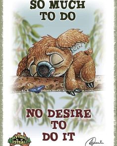 there is a sign with an image of a bear sleeping on the ground and words that read, so much to do no desire to do