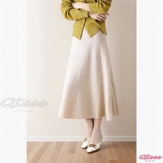 Qteee - Premium High-Waisted Woolen Knitted Umbrella Skirt in Fashionable Cashmere Blend Casual White Skirt For Winter, Casual Beige Skirt For Fall, Elegant Beige Knit Skirt, Fitted Beige Skirt For Winter, White Stretch Skirt For Winter, Beige Stretch Skirt For Fall, Knit Midi Skirt For Winter, White Knit Skirt For Winter, White Knit Winter Skirt